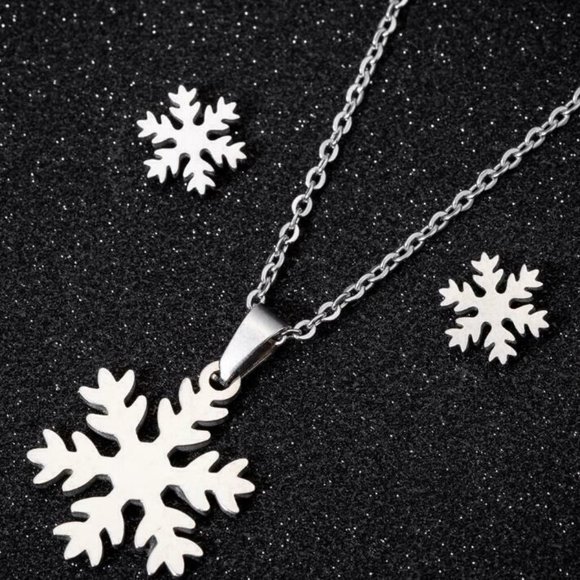 Silver/Gold Flower Snowflake Titanium Jewelry Set: Necklace+Earring - Picture 3 of 5